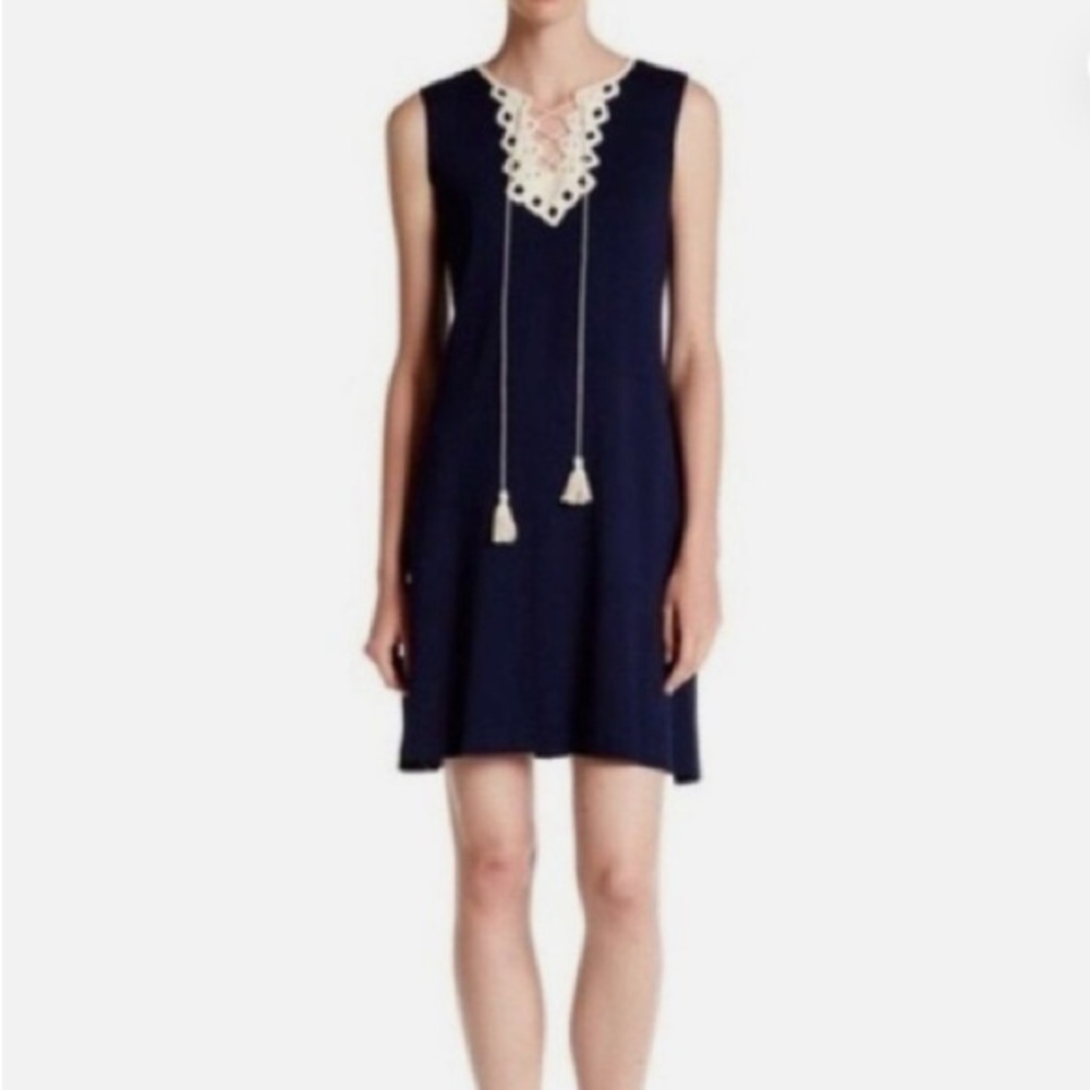 MAX STUDIO Women Navy Crochet Neck Sleeveless Mini Tunic Dress | S